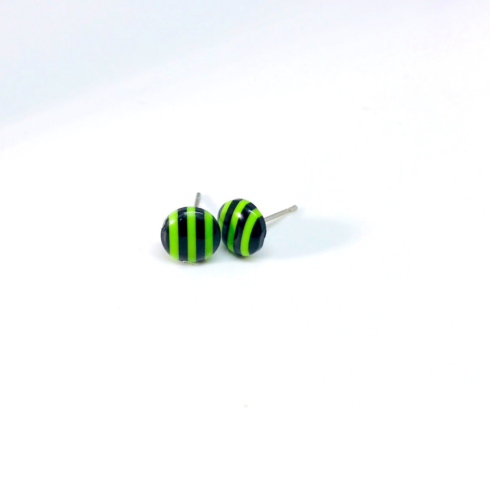 Green and Black Striped Minimalist Stud Earrings Repurposed Handmade